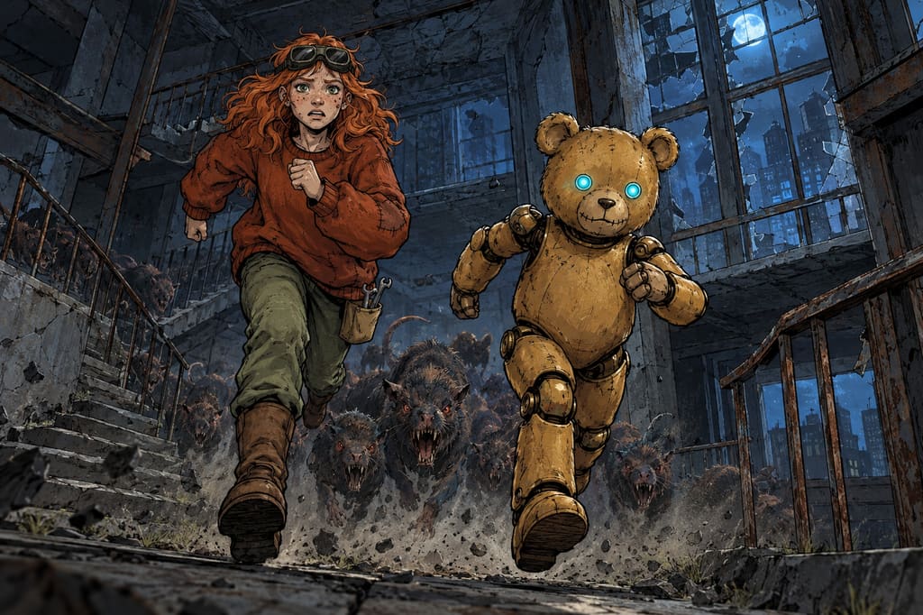 Ivy dans le paysage post-apocalyptique — page 8 panel 4: La course s'accélère. Les rats, gros comme des chiens, poursuivent Ivy et Ted dans le couloir, leurs silhouettes bondissant entre les gravats.