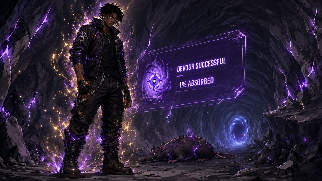ZERO RANK — Episode 1: Rank Zero — page 8 panel 6: Malik opens his eyes as the system confirms the successful absorption. He rises, still weak but unmistakably changed.