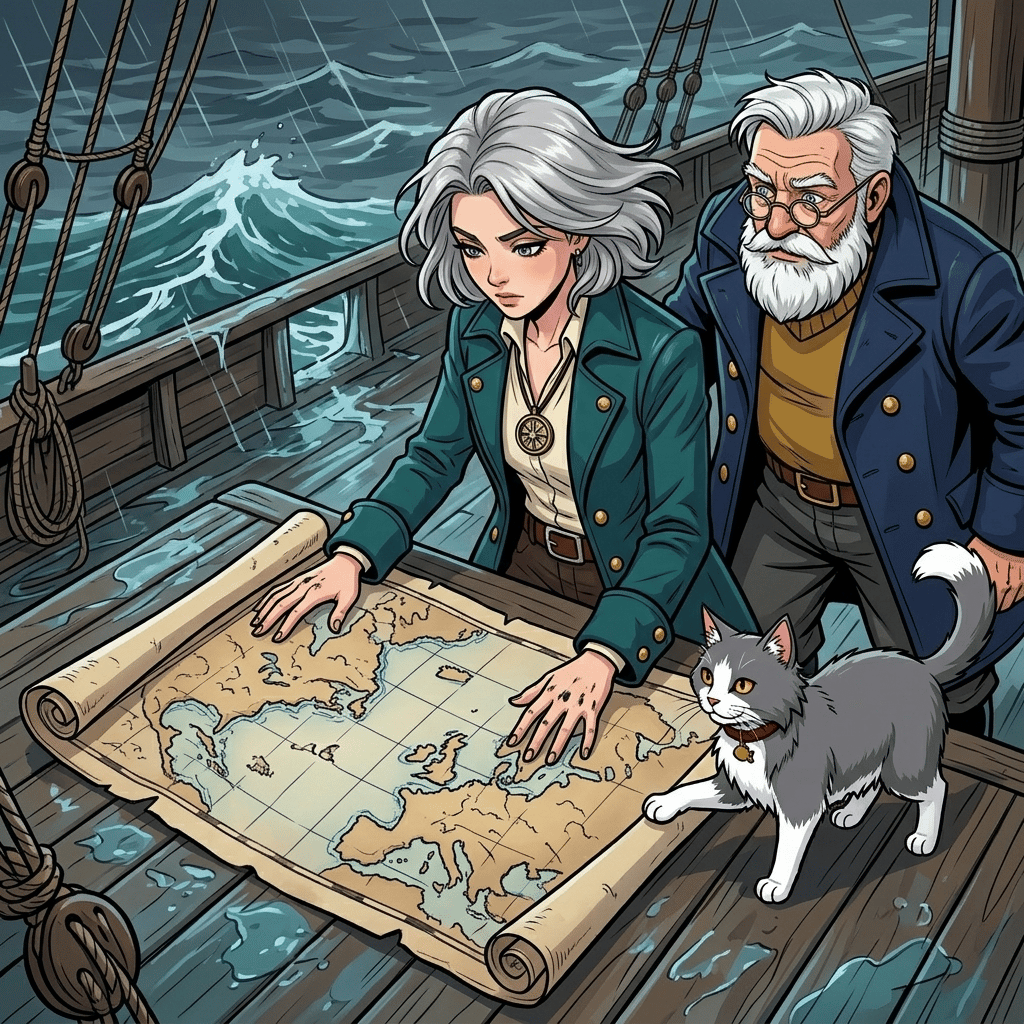 The Moving Sea — page 9 panel 2: Mira unrolls a coastline map across the deck and compares its inked bend with the opening Brine indicates. The drawn shoreline seems to ripple beneath her fingers.