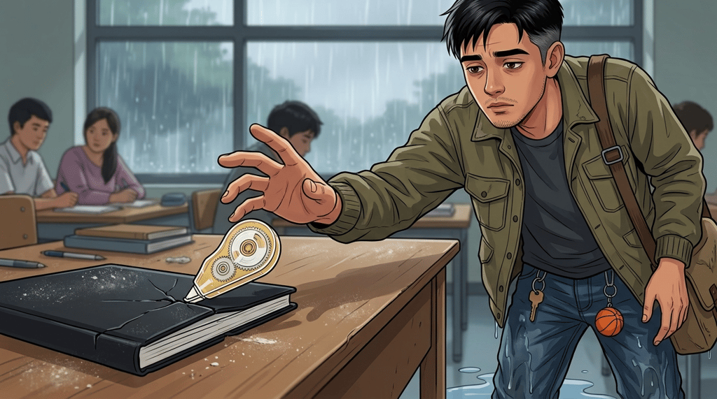 Letters I'll Never Send — Part One: Miles Between Us — page 9 panel 5: PB turns the page carefully. A flat white correction tape dispenser slips from the crease between pages eight and nine and lands against the notebook with a small plastic click.