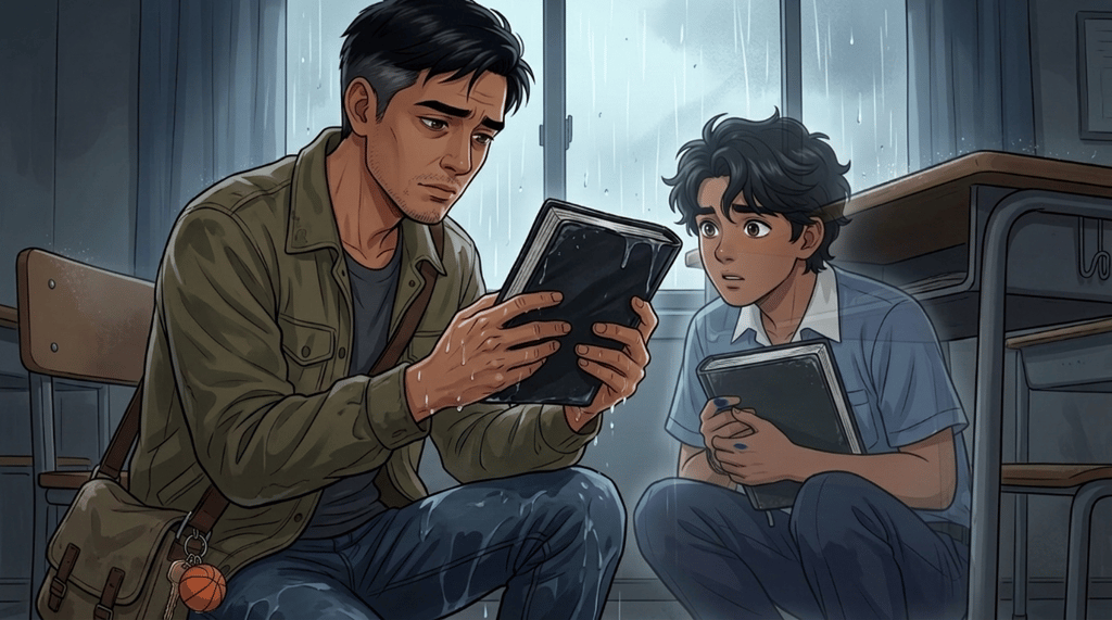 Letters I'll Never Send — Part One: Miles Between Us — page 5 panel 1: PB reaches beneath the loose papers and finds Ace's worn black leatherette notebook, his fingers trembling as grief overtakes him.