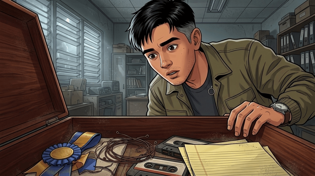 Letters I'll Never Send — Part One: Miles Between Us — page 4 panel 2: The clasp opens with a heavy click, and the box reveals graduation ribbons, old cassette tapes, rusted guitar strings, and years of sealed memories.