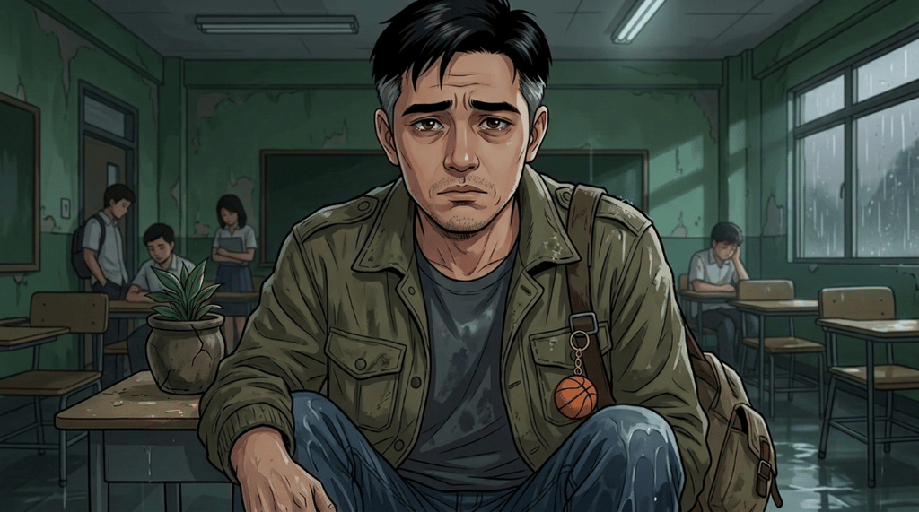 Letters I'll Never Send — Part One: Miles Between Us — page 9 panel 4: PB’s face fills the frame. He tries to laugh at the old insult, but the expression collapses into a painful grimace as thunder vibrates the walls.