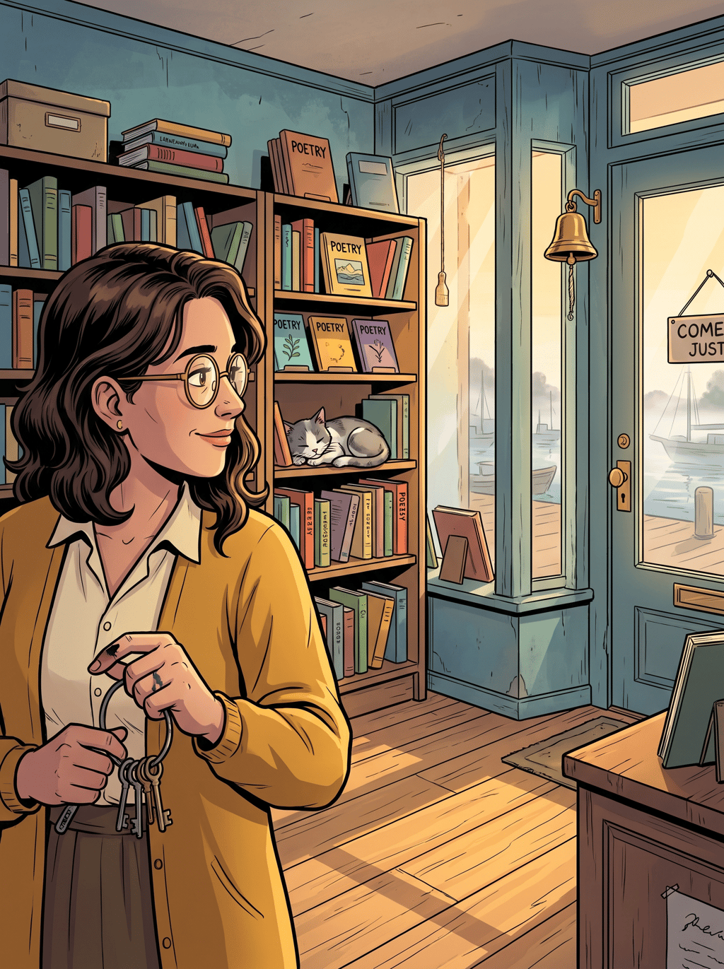 The Cat on the Poetry Shelf — page 1 panel 1: At dawn, Mira unlocks her tiny harbor bookshop and discovers a stray cat asleep on the poetry shelf. Surprise softens into quiet affection.