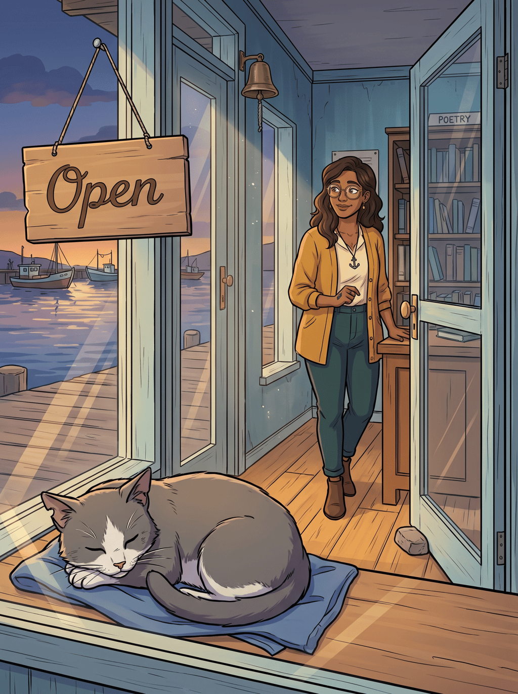 The Cat on the Poetry Shelf — page 1 panel 2: By closing time, the same cat is curled up in the shop window beneath the Open sign. Mira pauses inside, touched by the new little presence her shop has gained.