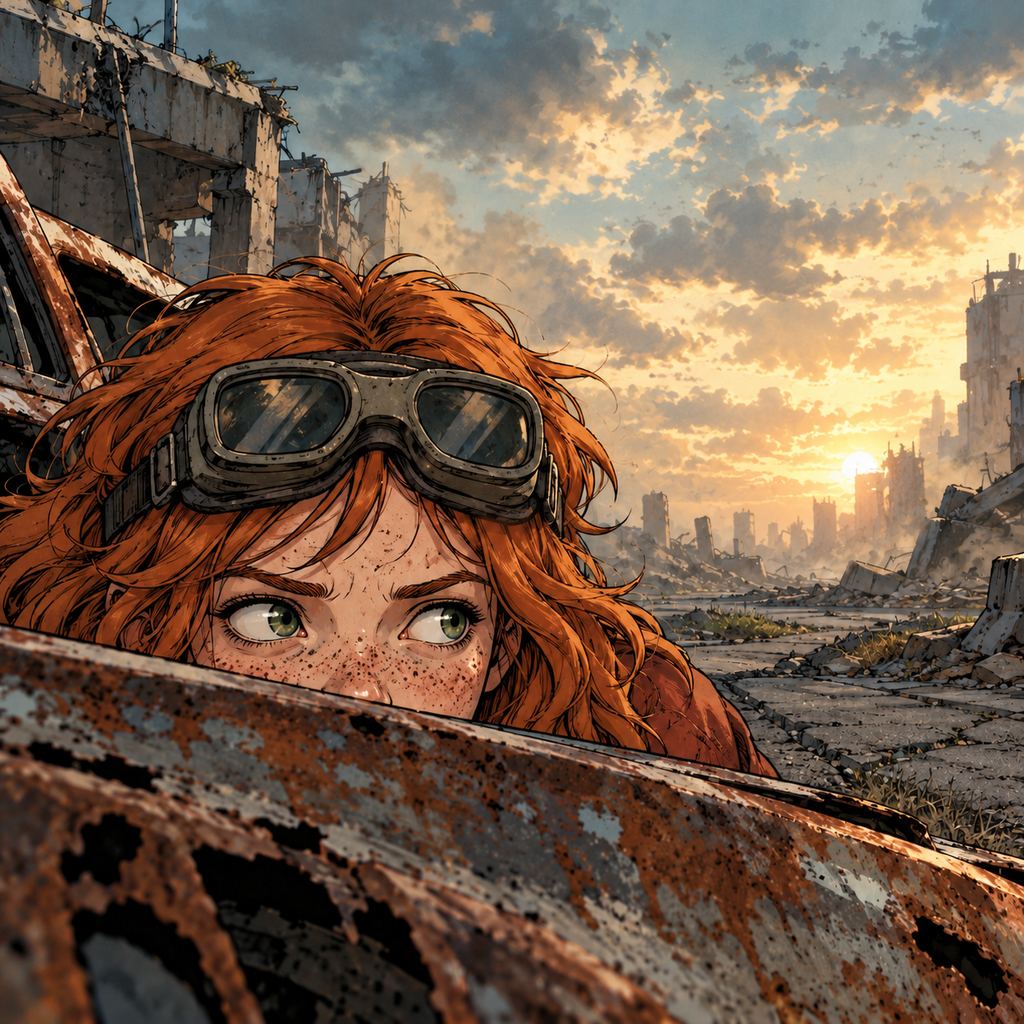 Ivy dans le paysage post-apocalyptique — page 2 panel 1: La tête d’Ivy dépasse lentement de derrière la carcasse de voiture. Au loin, le gros monstre crapaud mutant tourne les talons dans la poussière.