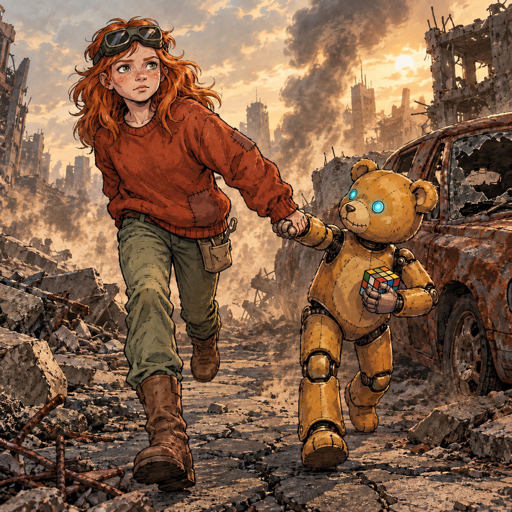 Ivy dans le paysage post-apocalyptique — page 2 panel 3: Ivy attrape le bras de Ted et le tire hors de son abri. Le Rubik’s Cube reste serré dans les mains du petit robot.