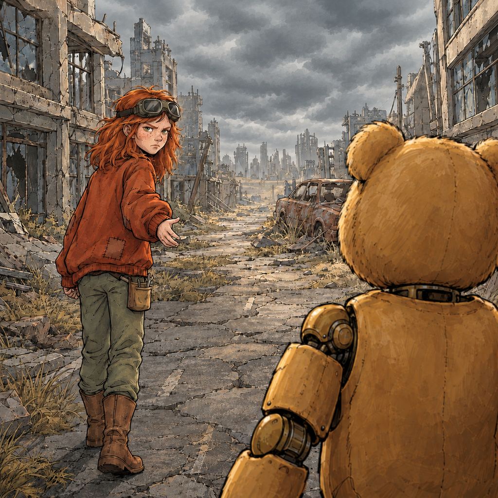 Ivy dans le paysage post-apocalyptique — page 3 panel 3: Le bruit s’éloigne. Ivy relâche Ted et lui fait signe de continuer.
