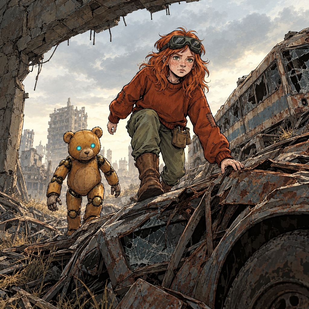 Ivy dans le paysage post-apocalyptique — page 3 panel 4: Ivy et Ted progressent dans la ville dévastée en escaladant un amas de carcasses de voitures, vestige d’un ancien carambolage avec un bus.