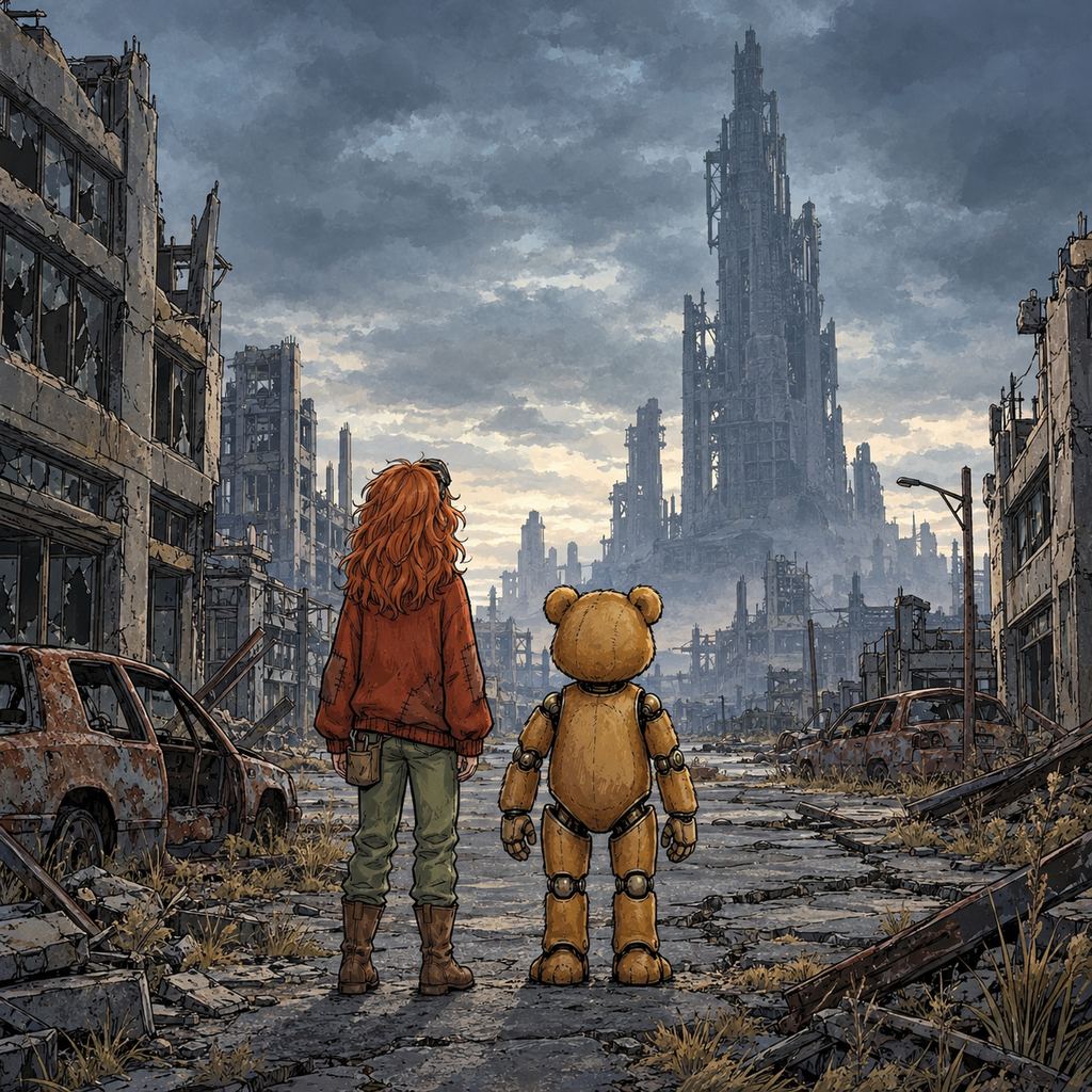 Ivy dans le paysage post-apocalyptique — page 4 panel 1: Après avoir franchi les carcasses de voitures, Ivy et Ted s’arrêtent au bout d’une avenue dévastée, nous tournant le dos. Une grande tour en ruine domine les immeubles effondrés tandis que la nuit commence à tomber. Le ciel est couvert et le soleil reste invisible, plongeant la ville dans une lumière froide et diffuse.