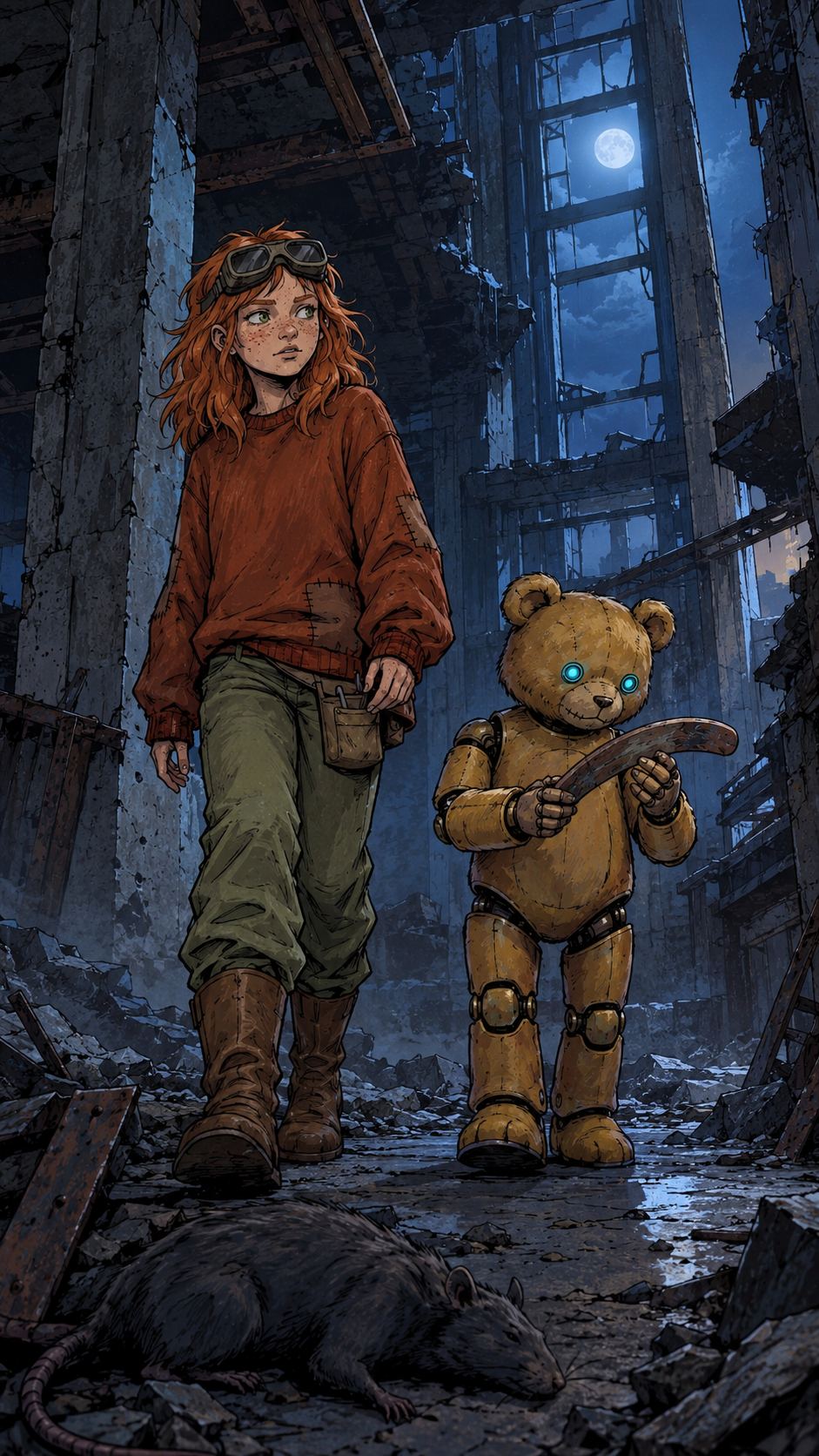 Ivy dans le paysage post-apocalyptique — page 5 panel 3: Ivy et Ted pénètrent dans la tour en ruine au cœur de la nuit. Ivy regarde autour d’elle avec prudence, tandis que Ted, qui fait la moitié de sa taille, avance en examinant un boomerang cabossé entre ses mains.