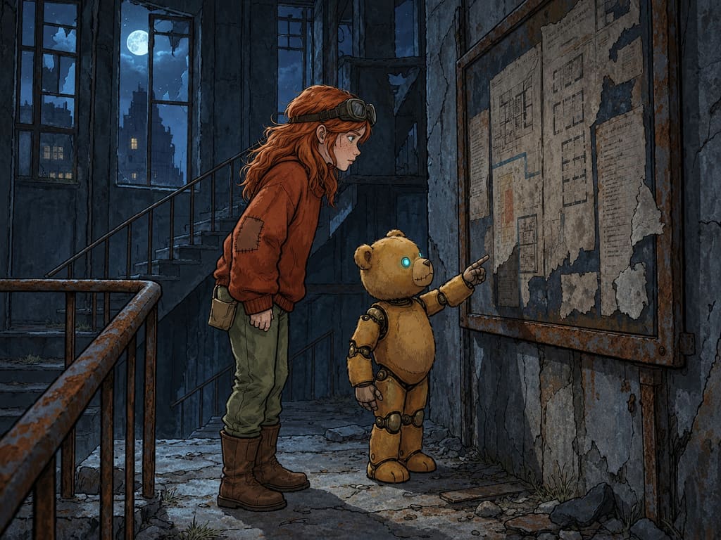 Ivy dans le paysage post-apocalyptique — page 7 panel 1: Ivy et Ted, qui fait la moitié de sa taille, examinent un panneau délabré détaillant les différents bureaux de chaque étage de la tour.