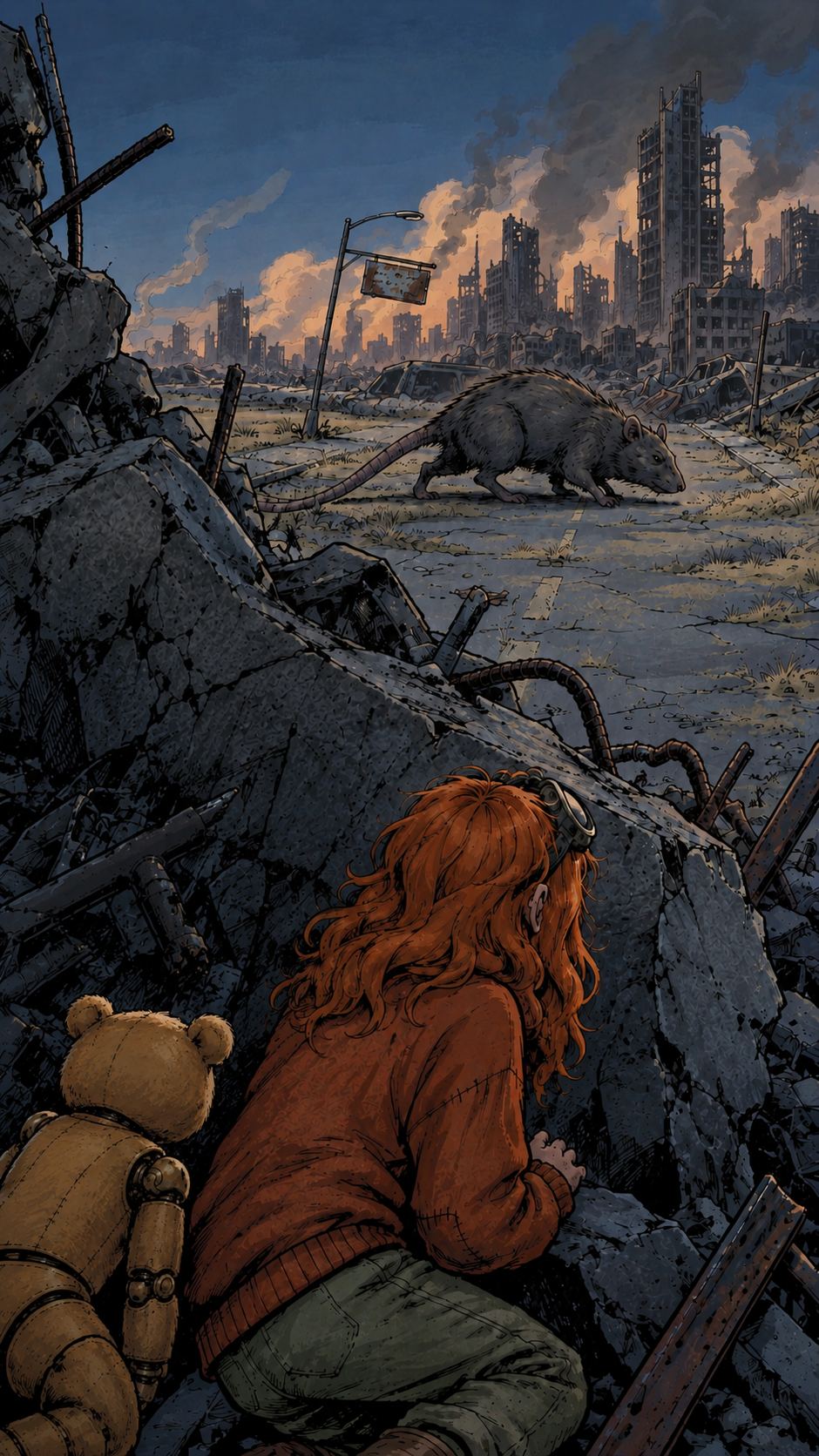 Ivy dans le paysage post-apocalyptique — page 5 panel 1: Ivy et Ted sont accroupis dos à nous, cachés derrière un amas de débris. De l’autre côté, un énorme rat de la taille d’un chien passe prudemment dans les ruines.