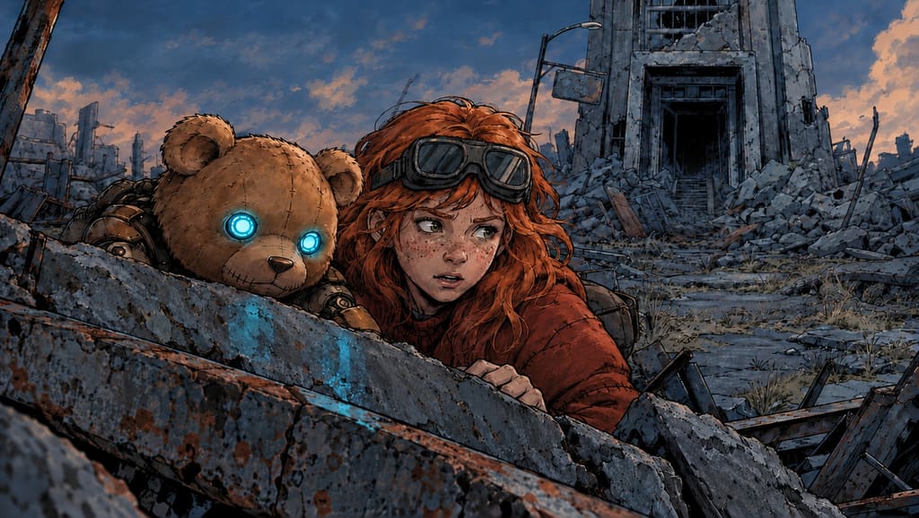 Ivy dans le paysage post-apocalyptique — page 4 panel 3: Ivy fait soudainement se baisser Ted pour qu’il se cache derrière un débris avec elle. Un rat grand comme un chien furette dans le coin tout proche.