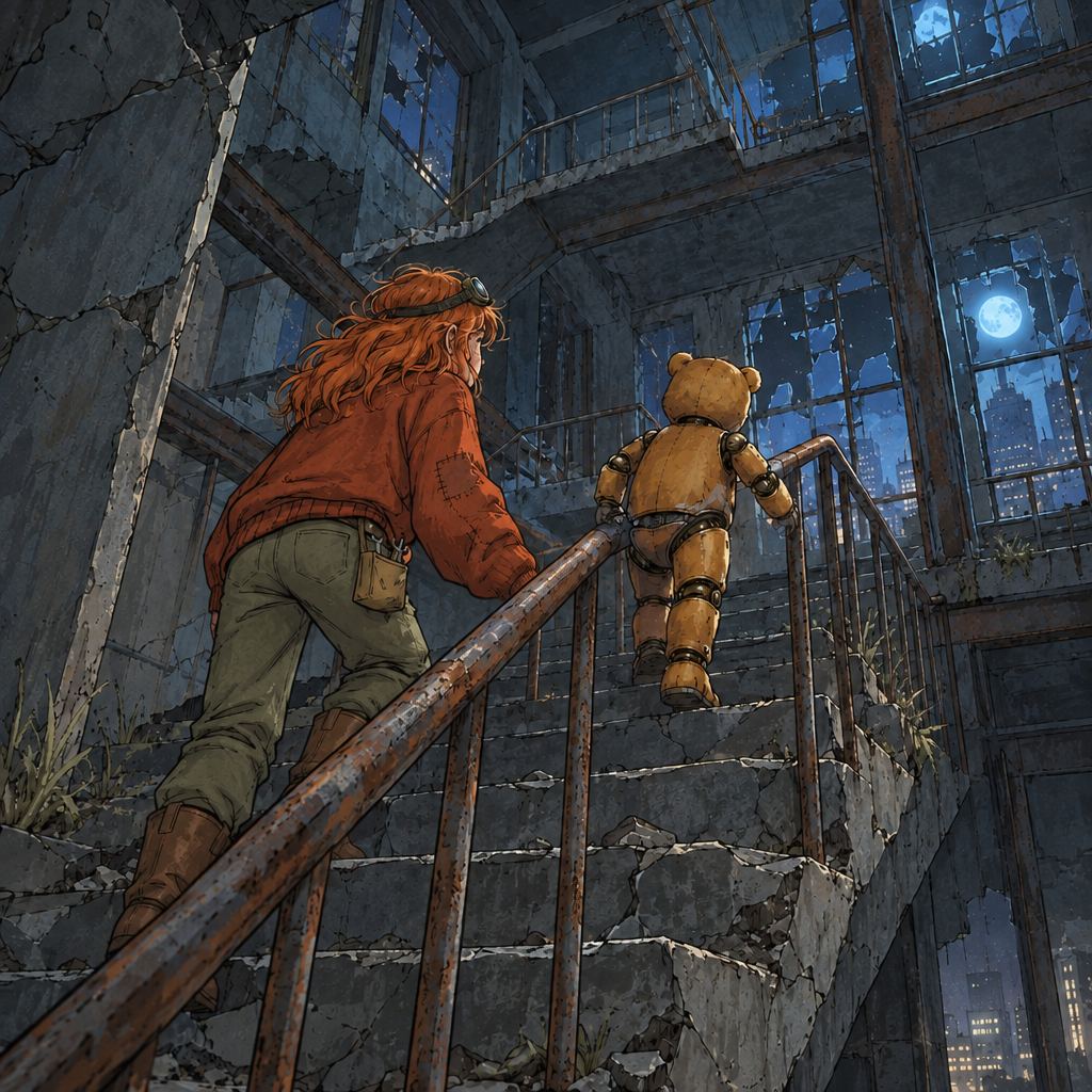 Ivy dans le paysage post-apocalyptique — page 6 panel 1: Ivy et Ted commencent à gravir un escalier éventré. Ted monte devant, tandis qu’Ivy teste chaque marche avant de poser le pied.