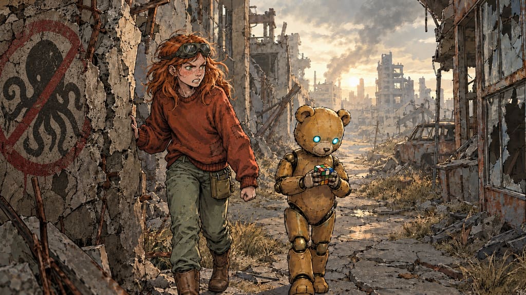 Ivy dans le paysage post-apocalyptique — page 3 panel 1: Ivy et Ted se faufilent entre deux immeubles effondrés. Ivy vérifie chaque ouverture tandis que Ted examine encore le Rubik’s Cube en marchant.