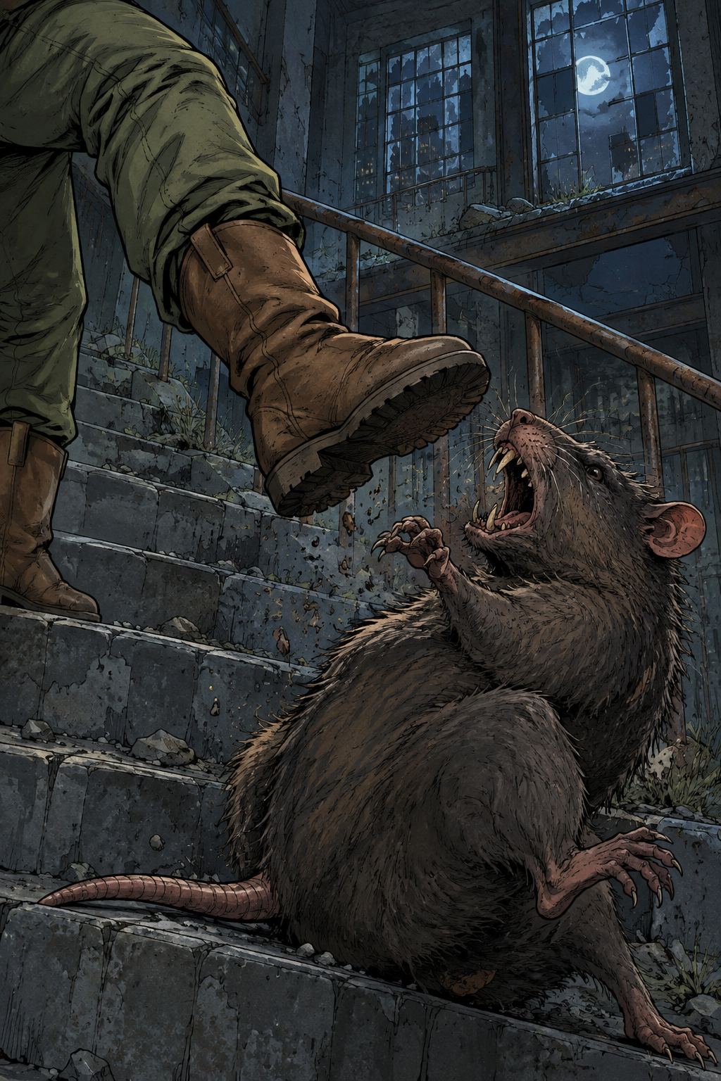 Ivy dans le paysage post-apocalyptique — page 8 panel 1: Ivy frappe le rat géant avec son autre pied. Seule sa jambe est visible tandis que le rat lâche enfin sa chaussure et recule sur la marche inférieure.