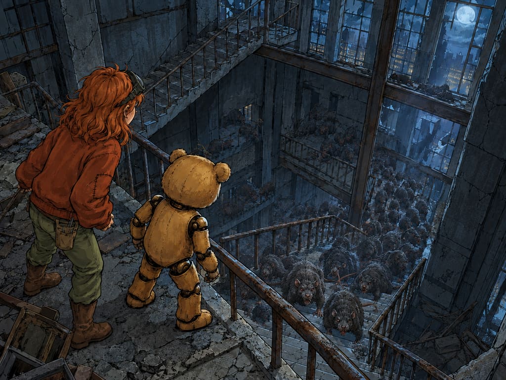 Ivy dans le paysage post-apocalyptique — page 8 panel 2: Depuis le haut de l'escalier, Ivy et Ted découvrent une horde de rats géants qui grimpe derrière eux, marche après marche.