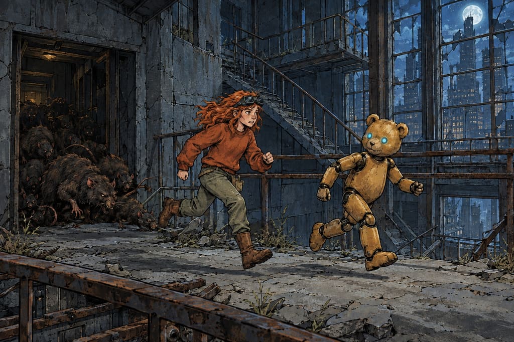 Ivy dans le paysage post-apocalyptique — page 8 panel 3: Ivy et Ted débouchent dans un couloir étroit de la tour. Ils courent côte à côte tandis que les rats envahissent l'escalier derrière eux.