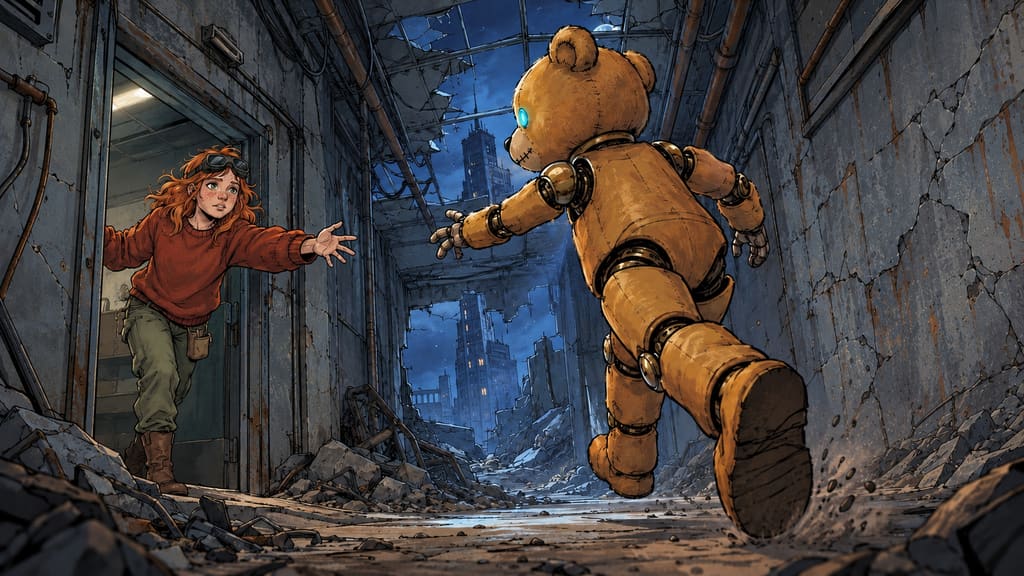 Ivy dans le paysage post-apocalyptique — page 11 panel 1: Ted quitte enfin la porte métallique et court vers Ivy, tandis que les coups des rats résonnent derrière lui.