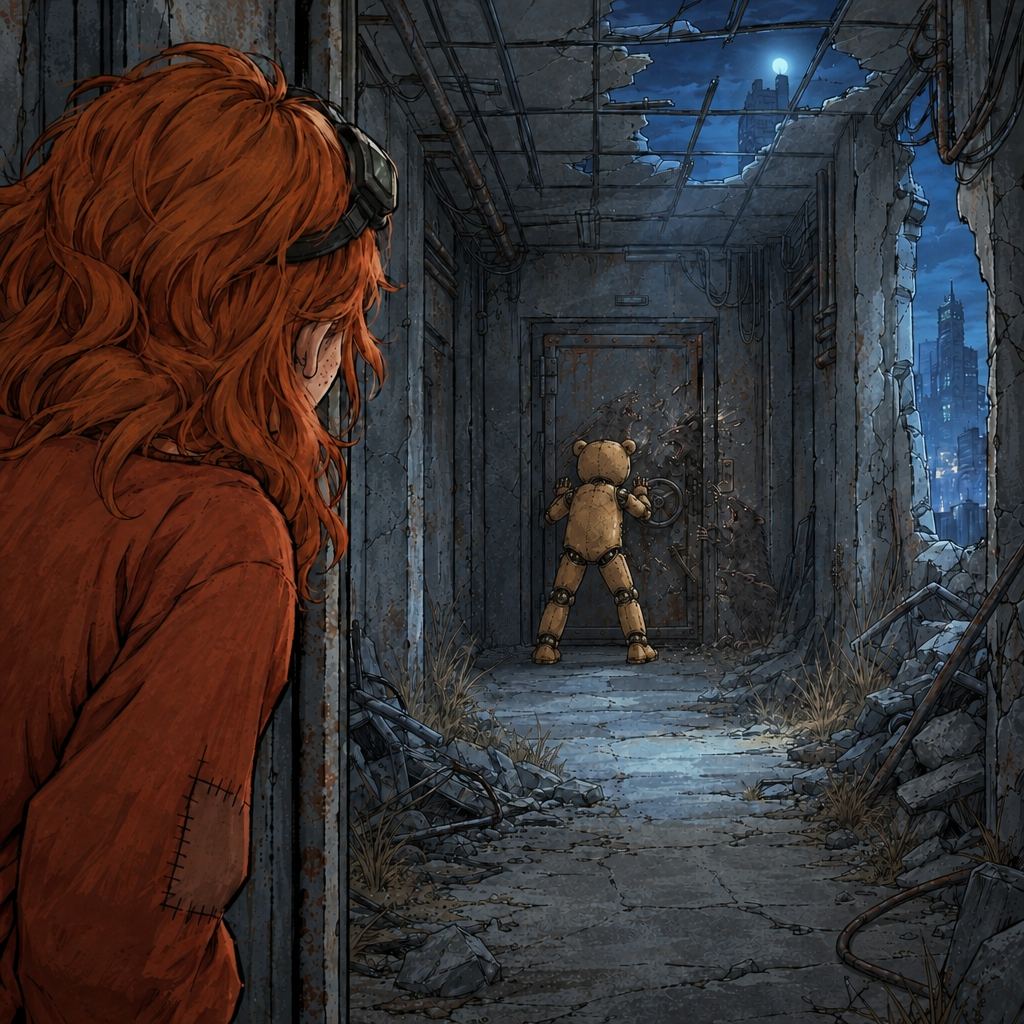 Ivy dans le paysage post-apocalyptique — page 10 panel 4: Ivy passe la tête dans l'ouverture et appelle Ted. Derrière ted, la porte métallique tremble sous les assauts des rats.