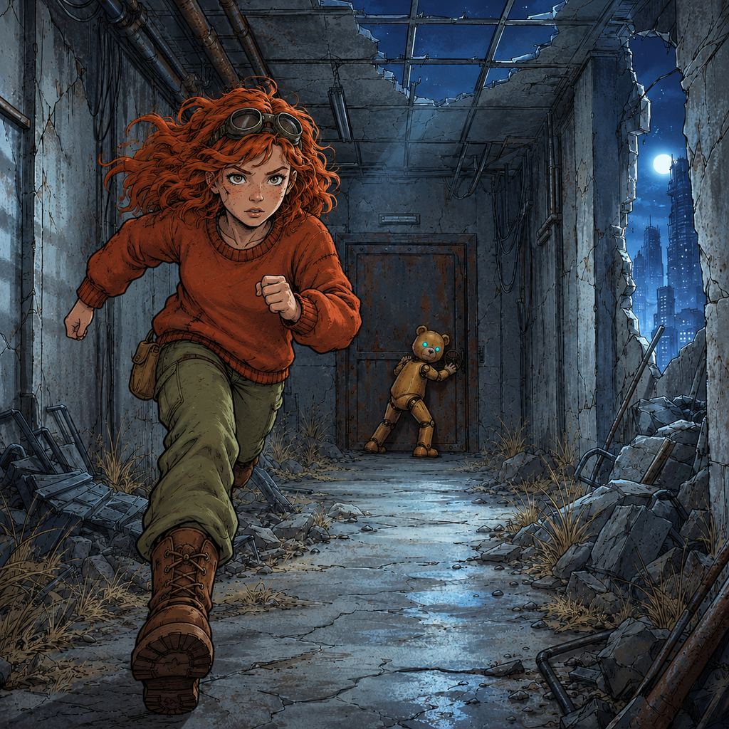 Ivy dans le paysage post-apocalyptique — page 10 panel 1: Ivy lâche la poignée de la porte métallique et s'élance dans le couloir, tandis que Ted la maintient encore fermée de toutes ses forces.