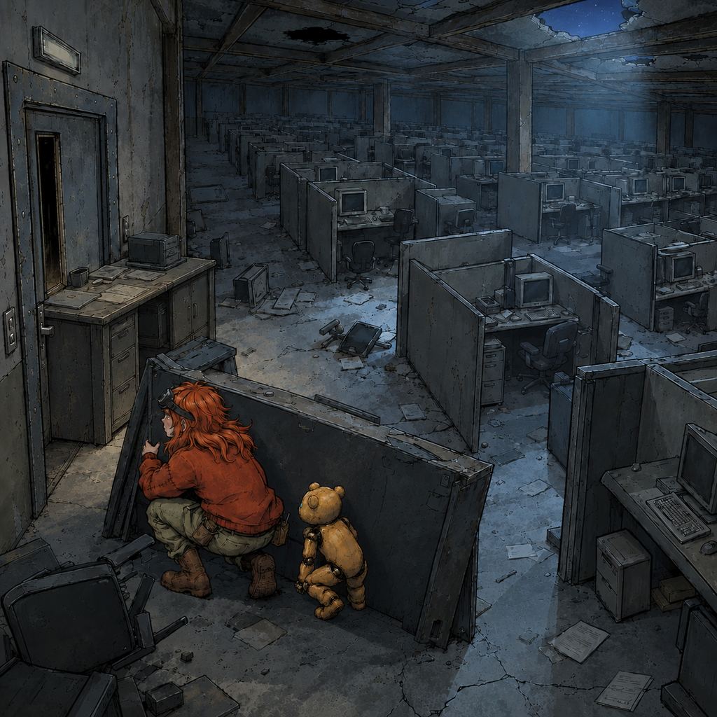 Ivy dans le paysage post-apocalyptique — page 11 panel 3: Ivy et Ted ajoutent un deuxième bureau contre la porte. Les coups deviennent sourds, puis s'espacent.