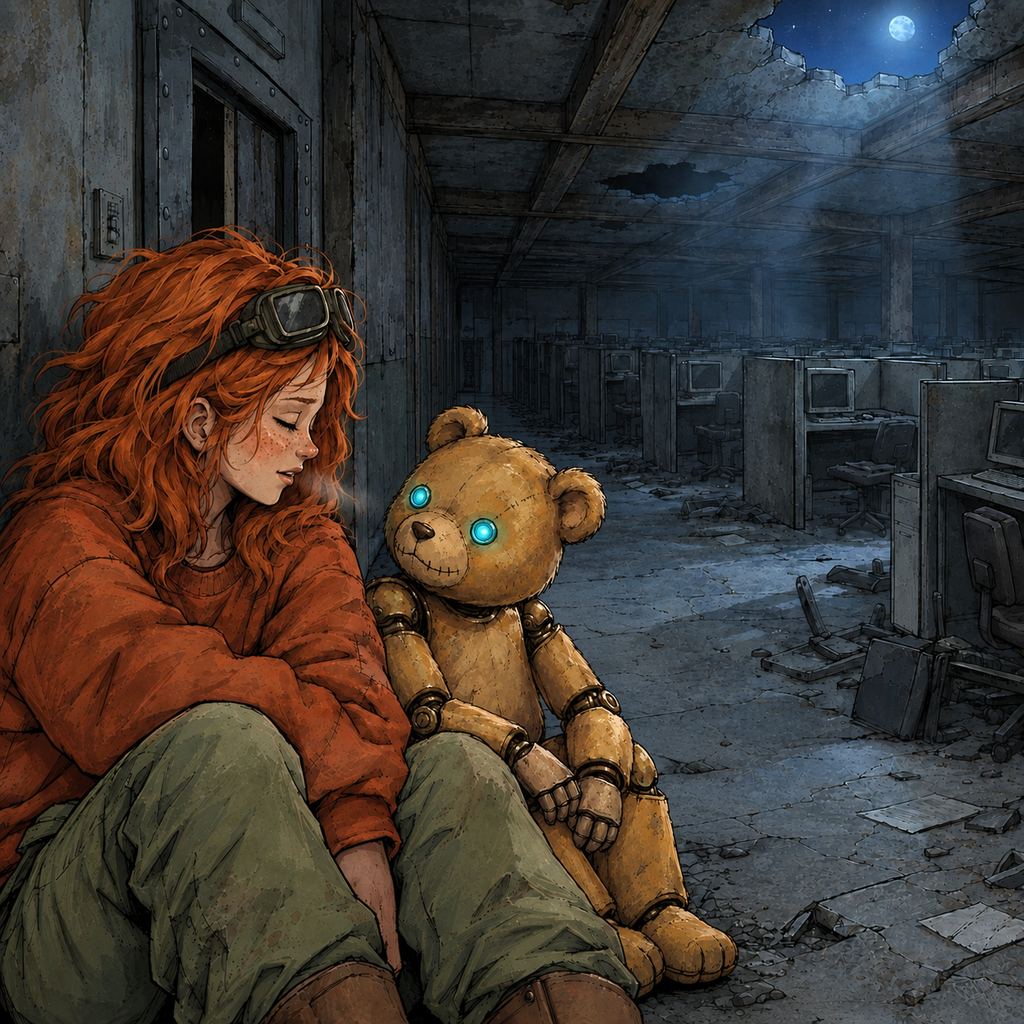 Ivy dans le paysage post-apocalyptique — page 11 panel 4: Enfin assis au sol, Ivy et Ted soufflent de soulagement dans l'obscurité. Autour d'eux, les bureaux abandonnés disparaissent dans la pénombre.
