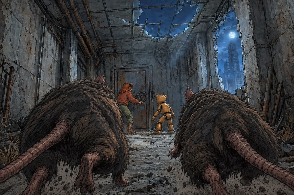 Ivy dans le paysage post-apocalyptique — page 9 panel 1: Ivy et Ted atteignent la porte métallique au bout du couloir. Ivy tend les mains vers la poignée tandis que les rats géants gagnent du terrain derrière eux.