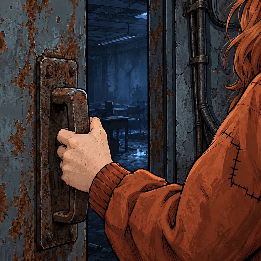Ivy dans le paysage post-apocalyptique — page 10 panel 3: Une troisième poignée cède brusquement. La porte s'entrouvre sur un vieux bureau plongé dans le noir.