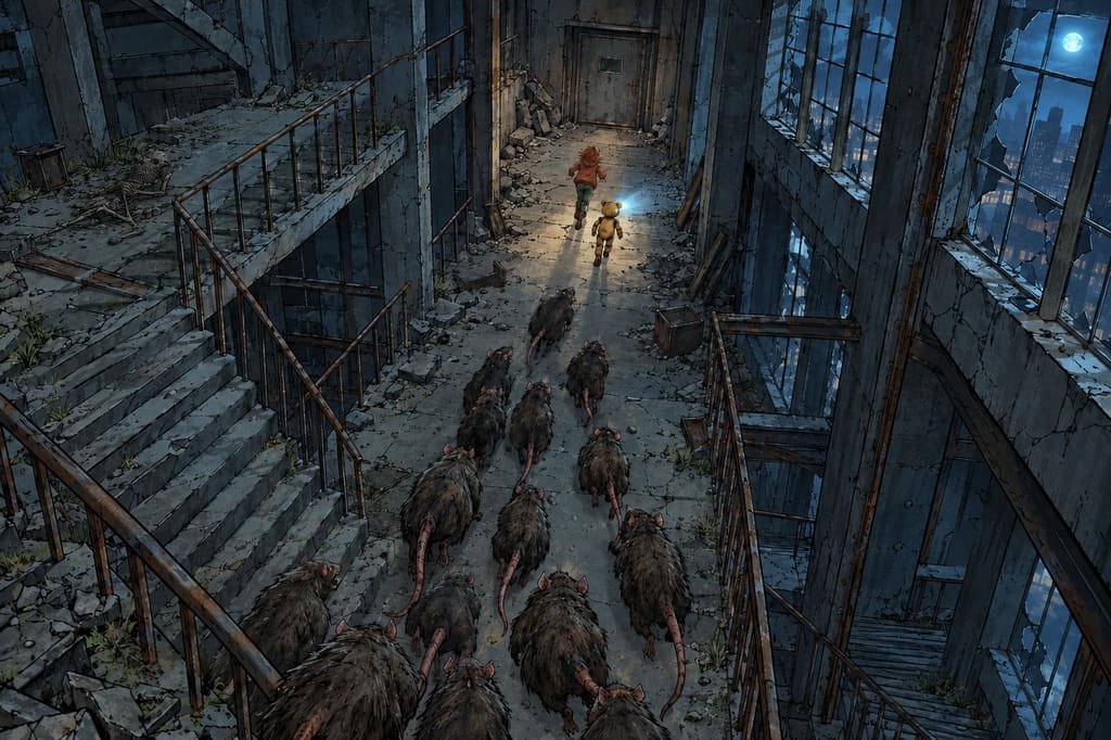 Ivy dans le paysage post-apocalyptique — page 8 panel 5: Ivy et Ted disparaissent au fond du couloir, toujours poursuivis par la meute. La lumière bleue de Ted vacille sur les murs tandis qu'une nouvelle porte se profile devant eux.