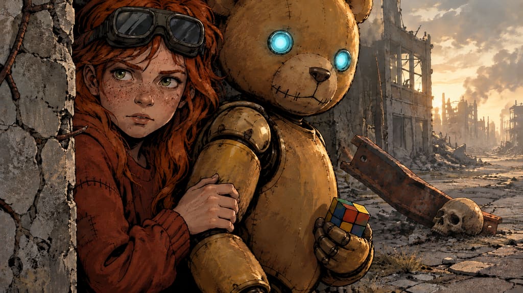 Ivy dans le paysage post-apocalyptique — page 3 panel 2: Un bruit résonne dans une rue voisine. Ivy plaque aussitôt Ted contre un pan de mur, et tous deux se figent.