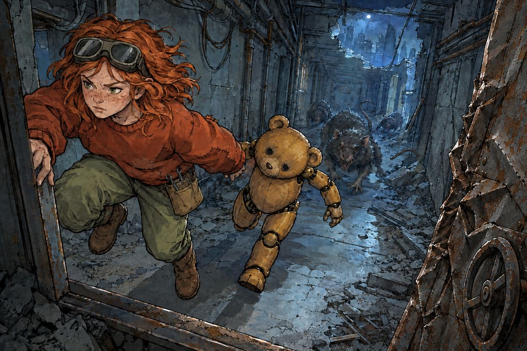 Ivy dans le paysage post-apocalyptique — page 9 panel 4: Ivy et Ted se jettent de l’autre côté de la porte. Ivy passe la première, puis Ted franchit l’ouverture juste avant que les rats ne l’atteignent.