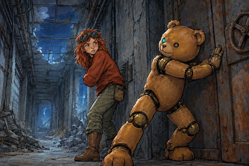 Ivy dans le paysage post-apocalyptique — page 9 panel 5: Ted referme la lourde porte et la maintient de tout son poids tandis que les rats frappent de l’autre côté. Ivy se retourne vers lui, prête à l’aider.