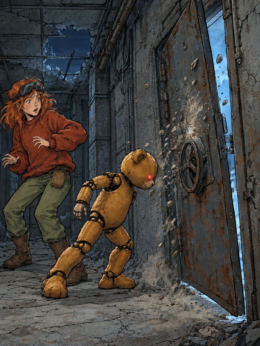 Ivy dans le paysage post-apocalyptique — page 9 panel 3: Ted ouvre la porte de métal d'un violent coup de tête, et la porte s'ouvre vers l'extérieur.
