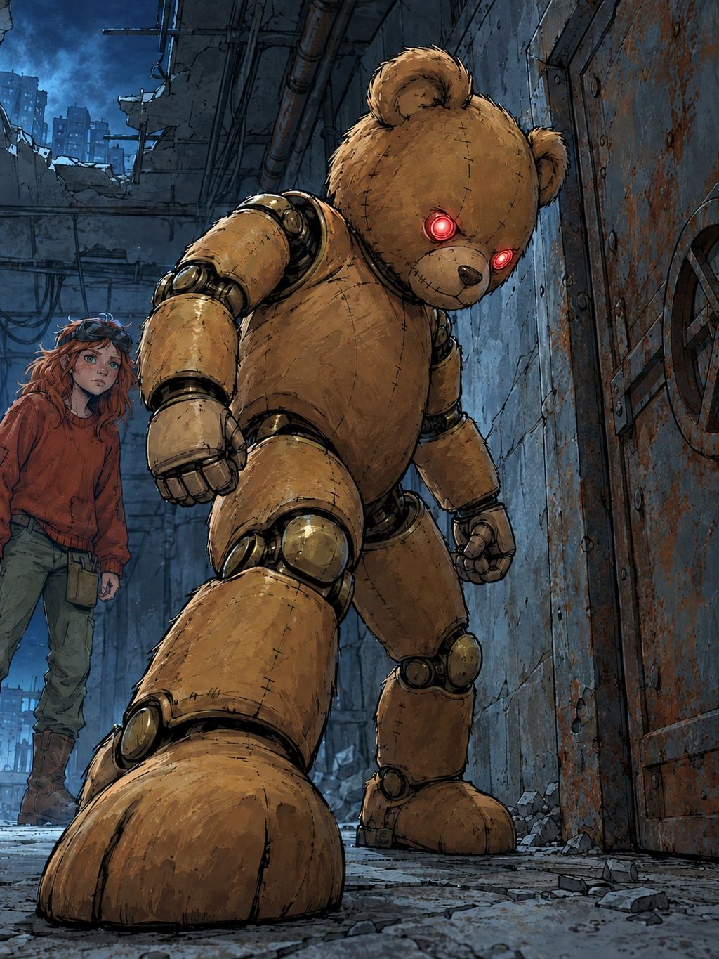 Ivy dans le paysage post-apocalyptique — page 9 panel 2: Ted se place devant la porte. Malgré sa petite taille, il baisse la tête en arrière et se prépare à frapper le métal avec toute sa force robotique.