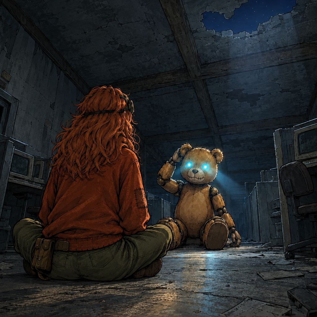 Ivy dans le paysage post-apocalyptique — page 12 panel 2: Après s’être tapoté une dernière fois la tête, Ted parvient à allumer la lumière de ses yeux, qui perce l’obscurité autour de lui.