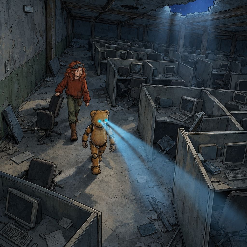 Ivy dans le paysage post-apocalyptique — page 12 panel 3: Ted ouvre la marche entre les rangées de bureaux. Ivy le suit de près, une main posée sur le dossier poussiéreux d’une chaise pour garder son équilibre.
