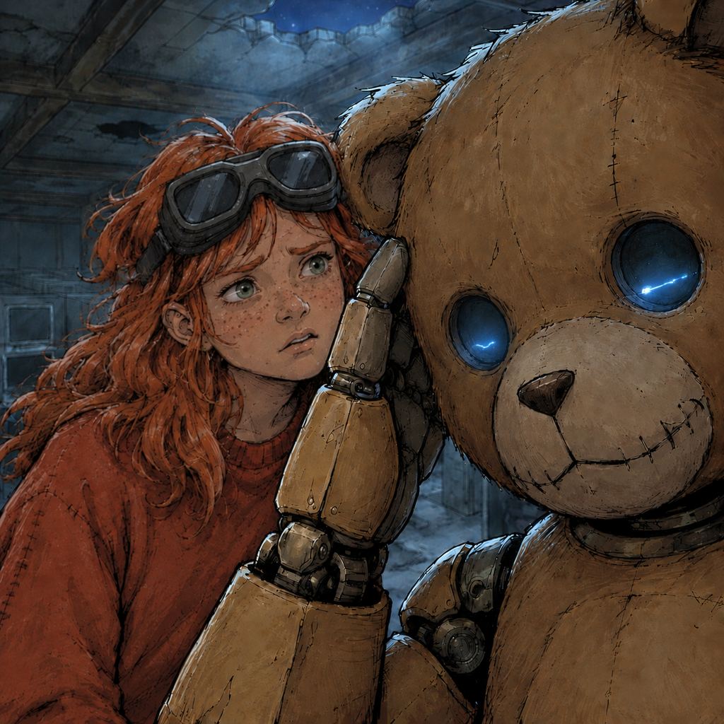 Ivy dans le paysage post-apocalyptique — page 12 panel 1: Ted se frappe le côté de la tête pour tenter de rallumer ses yeux défaillants. Ivy l’observe depuis le sol, inquiète mais silencieuse, dans l’obscurité du centre d’appels.