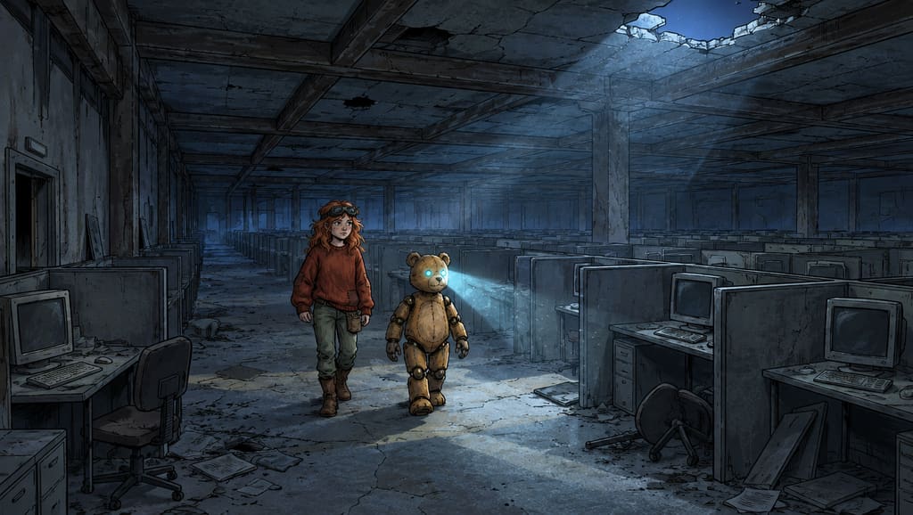 Ivy dans le paysage post-apocalyptique — page 12 panel 5: Ted et Ivy avancent à travers les rangées de bureaux abandonnés, progressant prudemment dans le silence poussiéreux du centre d’appels.