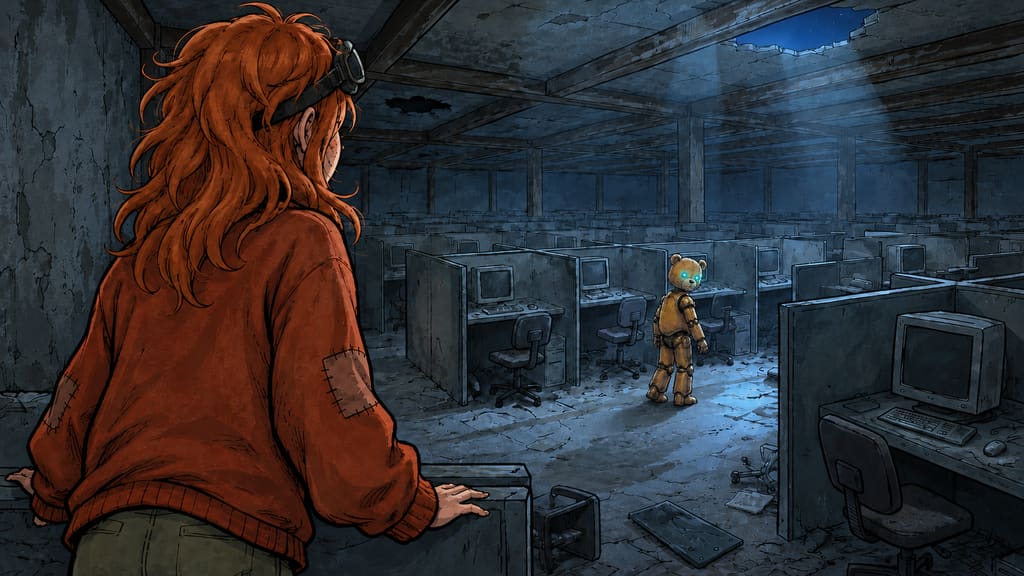 Ivy dans le paysage post-apocalyptique — page 12 panel 4: Ivy et Ted avancent plus profondément dans le centre d’appels. Ils découvrent des bureaux renversés, des écrans morts et des papiers figés dans la poussière, comme si tout le monde était parti brusquement.