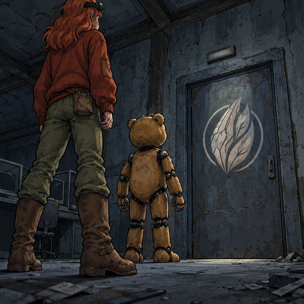 Ivy dans le paysage post-apocalyptique — page 13 panel 2: Gros plan sur la porte métallique, où seul le logo Exo apparaît nettement au centre. Ivy et Ted ne sont pas visibles.