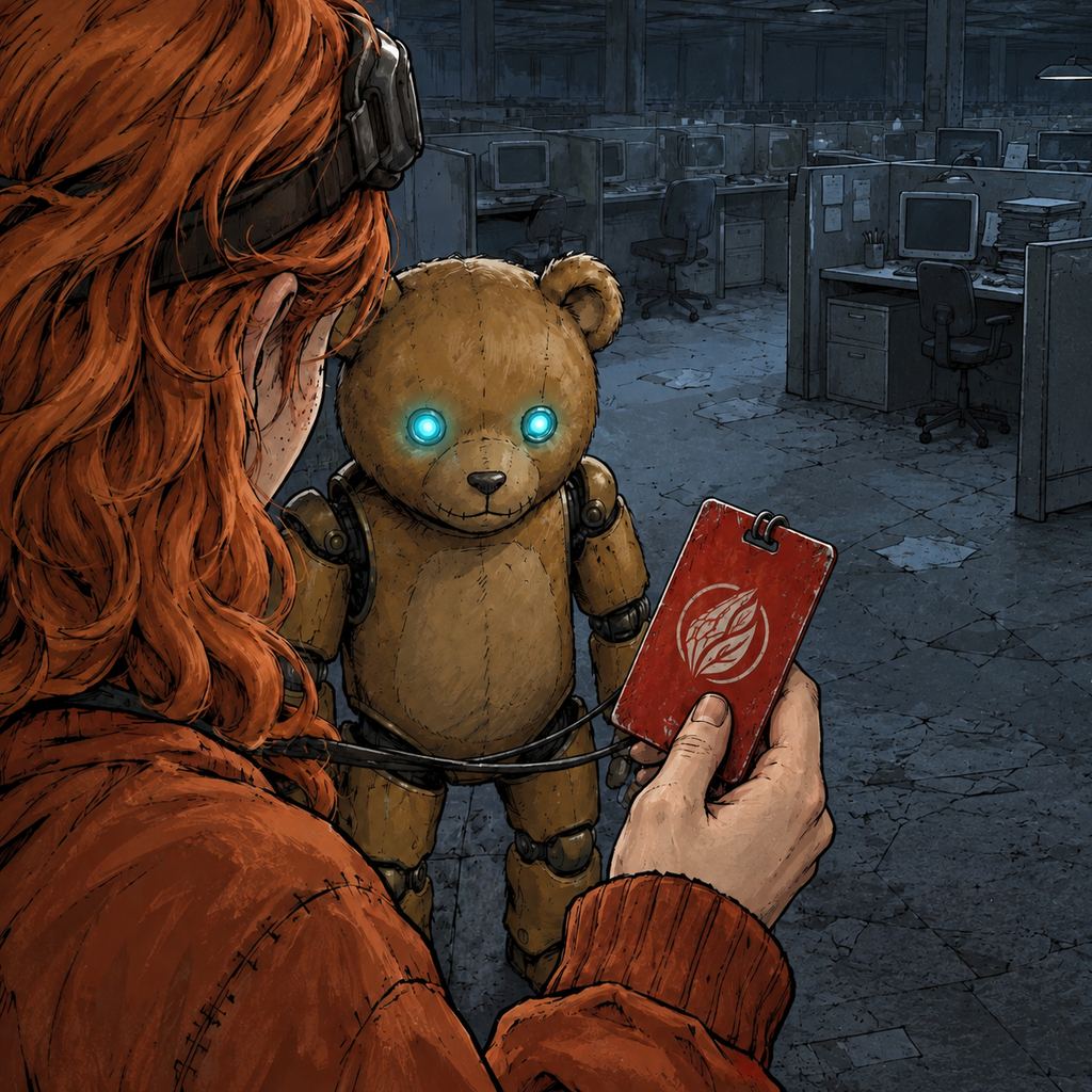 Ivy dans le paysage post-apocalyptique — page 13 panel 3: Ivy répond par un signe de tête. Elle porte la main à la carte magnétique rouge suspendue à une ficelle autour de son cou et la sort de sous son vêtement.