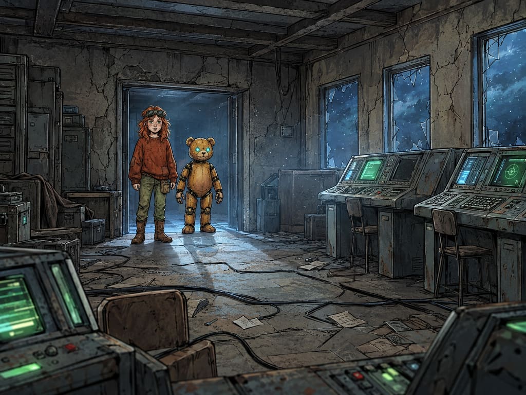 Ivy dans le paysage post-apocalyptique — page 14 panel 1: Ivy et Ted se tiennent de face dans l’encadrement de la porte, émerveillés par l’intérieur de la salle de contrôle encore caché hors champ.