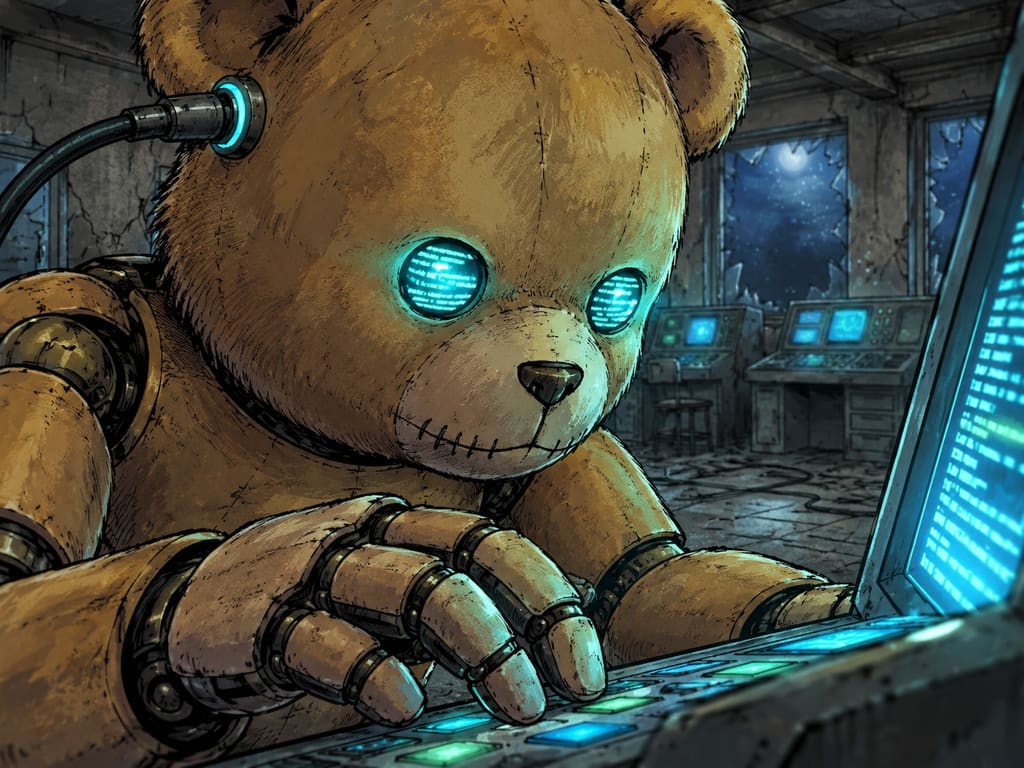 Ivy dans le paysage post-apocalyptique — page 14 panel 3: Des lignes de code défilent rapidement sur l’écran connecté à Ted. Immobile devant la console, Ted pirate l’écran tandis que les mêmes lignes lumineuses se reflètent et défilent dans ses yeux. Le câble reste branché sur le côté gauche de sa tête.
