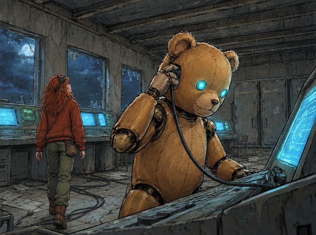 Ivy dans le paysage post-apocalyptique — page 14 panel 2: Ted s’arrête devant une console centrale. Il détache le câble qui sort de son oreille et le branche dans un port de l’écran le plus proche, pendant qu’Ivy l’observe avec attention.
