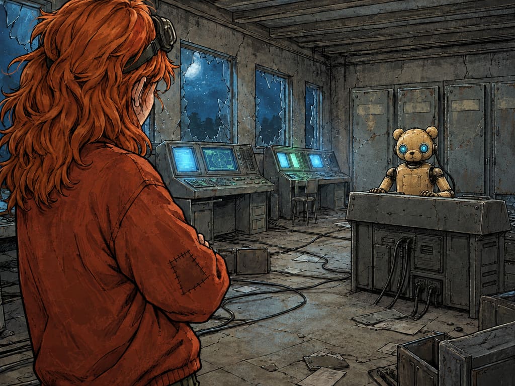 Ivy dans le paysage post-apocalyptique — page 15 panel 2: Ivy se tourne vers Ted et croise les bras, lui lançant un regard accusateur. Ted garde les yeux fixés sur les lignes de code qui défilent sur la console tout en faisant un signe de main nonchalant.