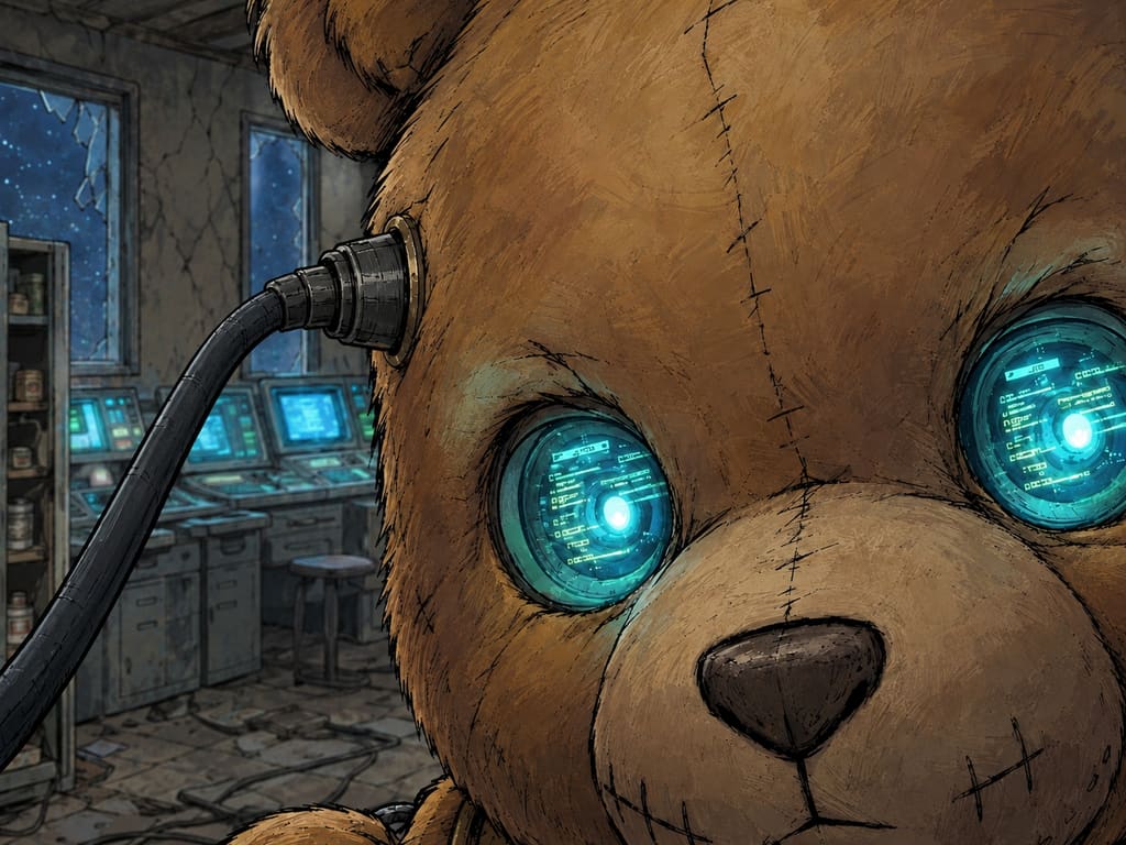 Ivy dans le paysage post-apocalyptique — page 15 panel 3: Ted reprend toute son attention sur le piratage. Une ligne de progression s’allonge sur l’écran tandis qu’Ivy observe les boîtes de nourriture ouvertes derrière elle, partagée entre culpabilité et soulagement.