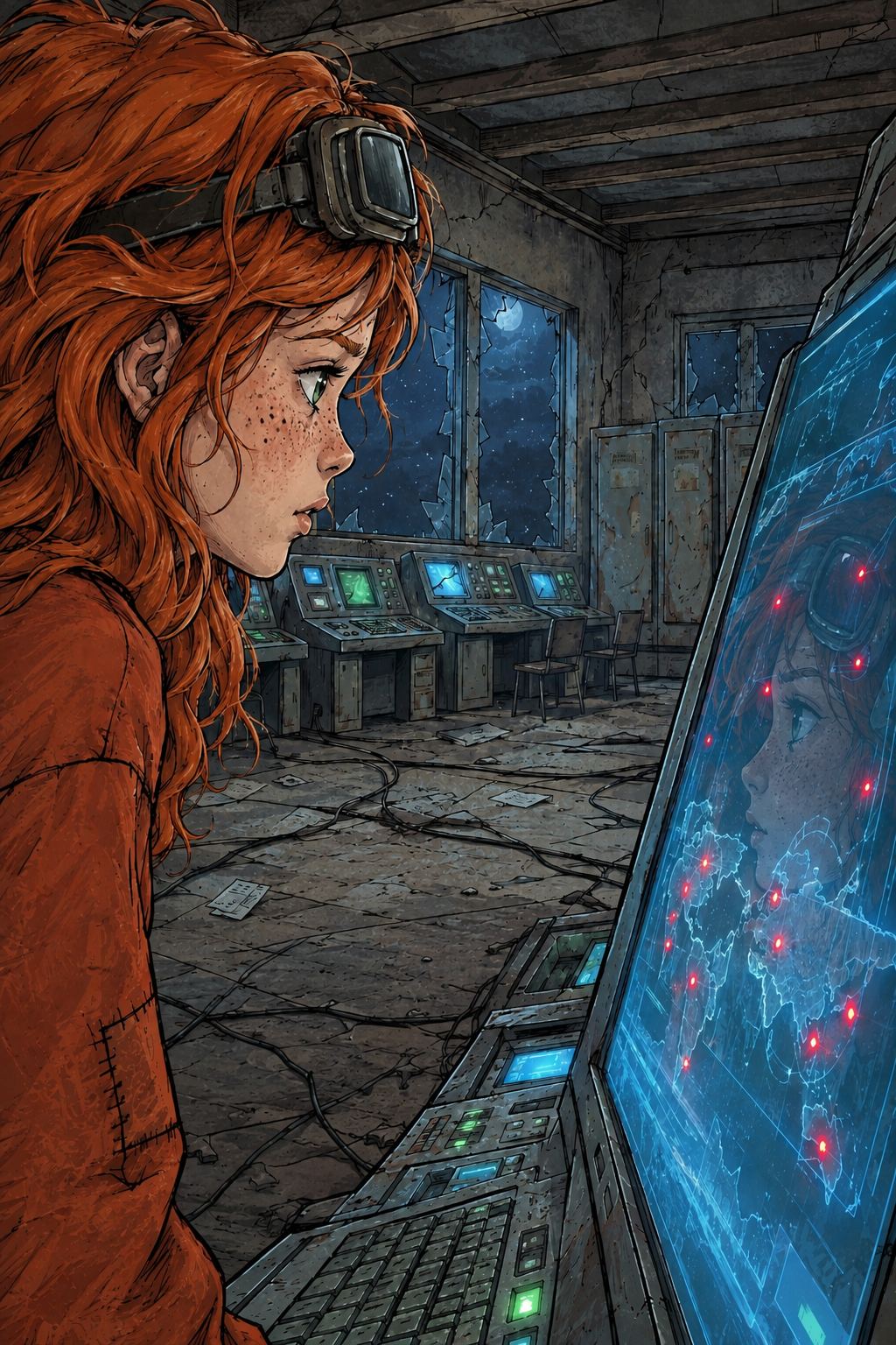 Ivy dans le paysage post-apocalyptique — page 15 panel 6: Le visage d’Ivy se reflète dans l’écran, éclairé par la carte et ses points rouges. À côté d’elle, Ted reste minuscule face à l’immensité du monde affiché, mais il garde une posture attentive, prêt à poursuivre la recherche.