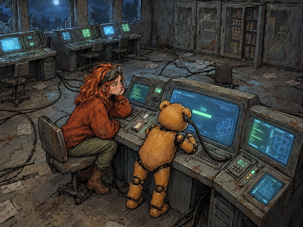 Ivy dans le paysage post-apocalyptique — page 15 panel 4: Ivy s’assoit contre le bord de la console, à moitié cachée par les appareils. Ted continue son téléchargement sans répondre, et le pourcentage grimpe lentement sur l’écran.